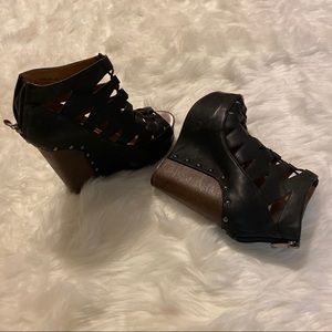 Black strappy wedge heel sandals